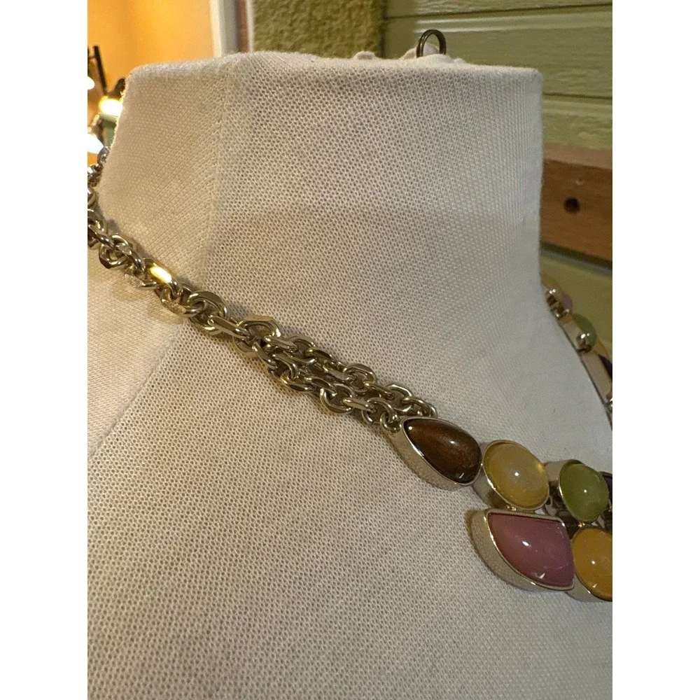 Loft Multi Color Resin Stone Bib Statement Necklace Gold‎ Tone